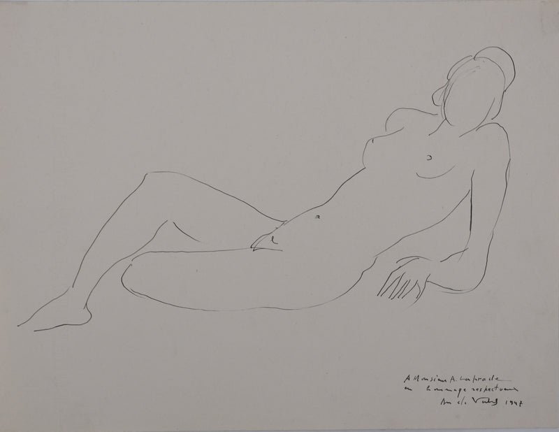 André VAHL : Nu détendu, Dessin original signé