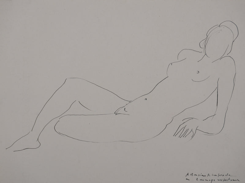 André VAHL : Nu détendu, Dessin original signé