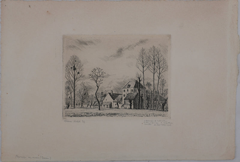 André VAHL : Paysage en mars, la grange, Gravure originale signée