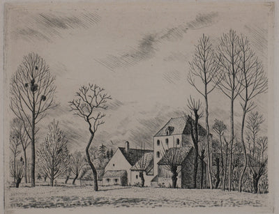 André VAHL : Paysage en mars, la grange, Gravure originale signée