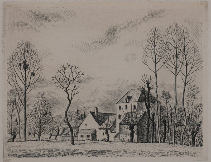 André VAHL : Paysage en mars, la grange, Gravure originale signée