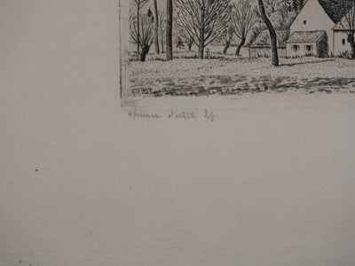 André VAHL : Paysage en mars, la grange, Gravure originale signée