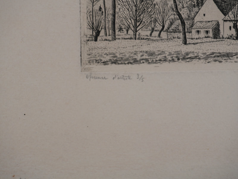 André VAHL : Paysage en mars, la grange, Gravure originale signée