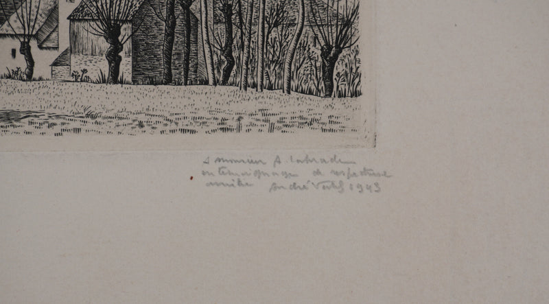 André VAHL : Paysage en mars, la grange, Gravure originale signée