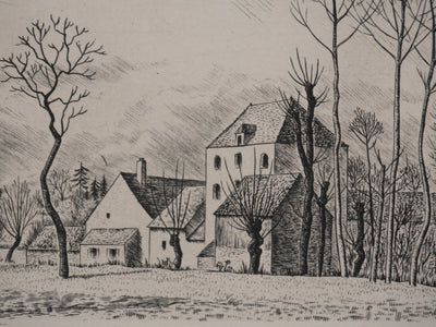 André VAHL : Paysage en mars, la grange, Gravure originale signée
