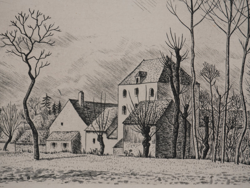 André VAHL : Paysage en mars, la grange, Gravure originale signée