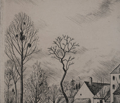 André VAHL : Paysage en mars, la grange, Gravure originale signée