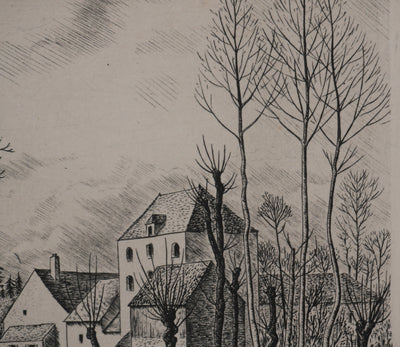 André VAHL : Paysage en mars, la grange, Gravure originale signée