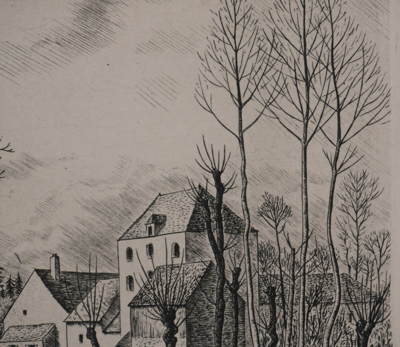 André VAHL : Paysage en mars, la grange, Gravure originale signée