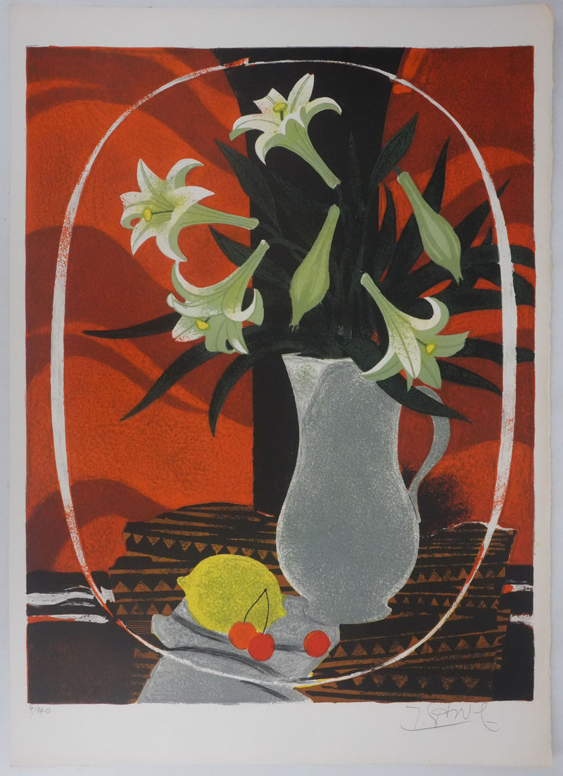 Yves GANNE : Les lys sur fond orange, Lithographie originale signée