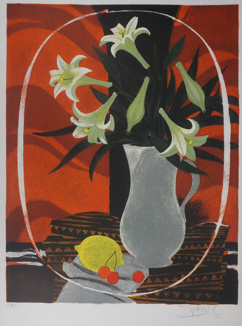 Yves GANNE : Les lys sur fond orange, Lithographie originale signée