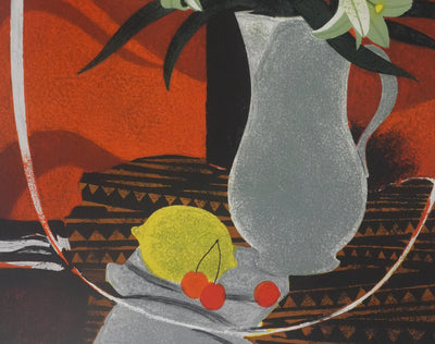 Yves GANNE : Les lys sur fond orange, Lithographie originale signée