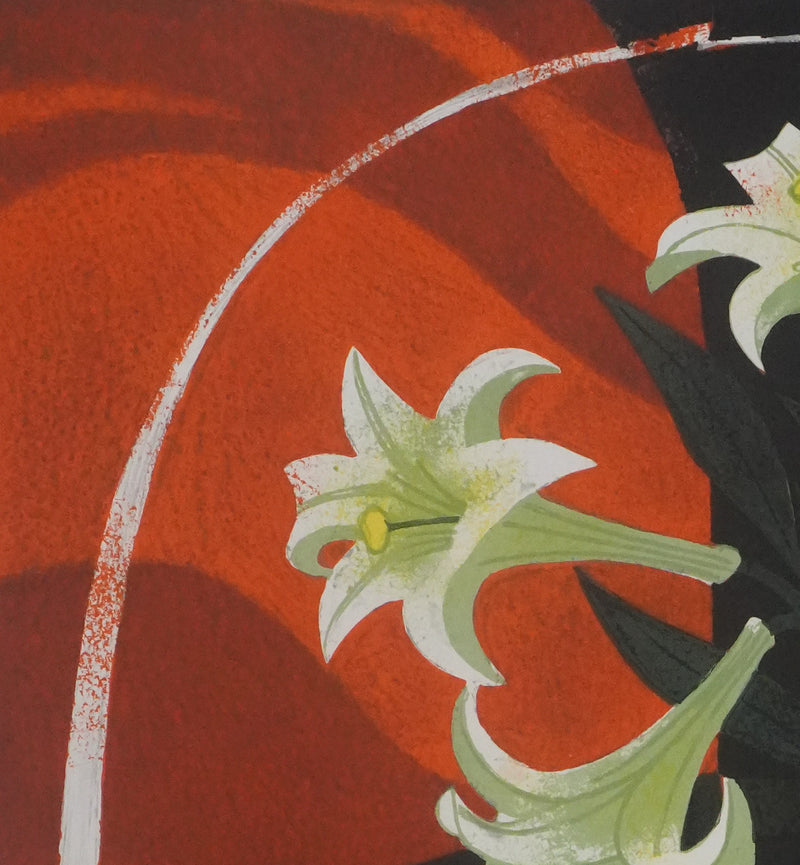 Yves GANNE : Les lys sur fond orange, Lithographie originale signée