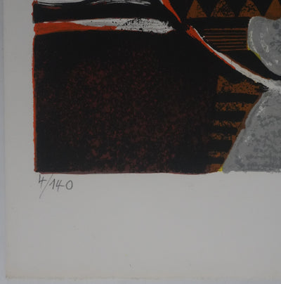 Yves GANNE : Les lys sur fond orange, Lithographie originale signée