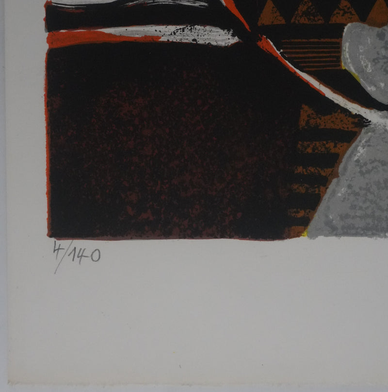 Yves GANNE : Les lys sur fond orange, Lithographie originale signée