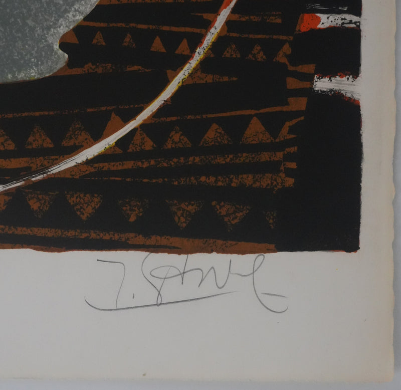 Yves GANNE : Les lys sur fond orange, Lithographie originale signée