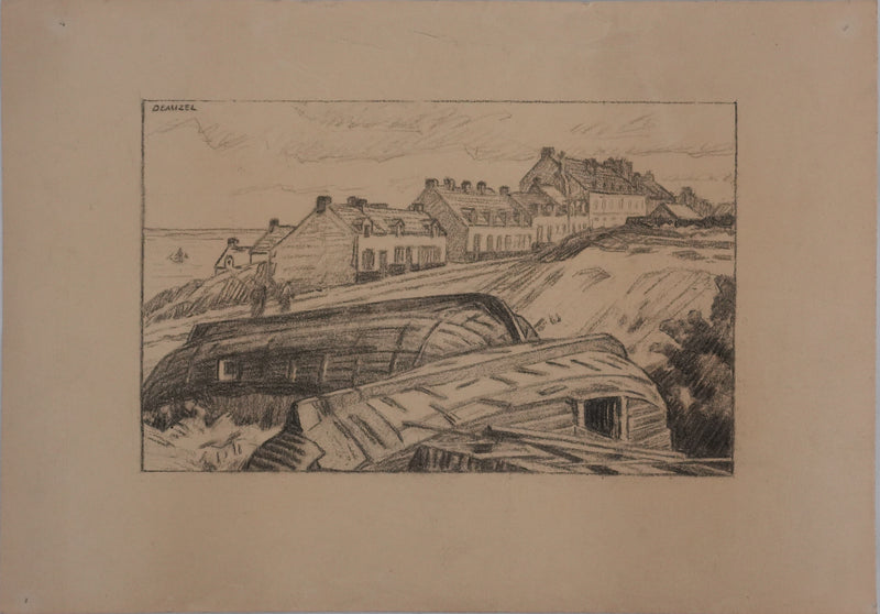 Augustin Louis J. DEMIZEL : Village de pêcheurs à Boulogne sur Mer, Dessin original signé