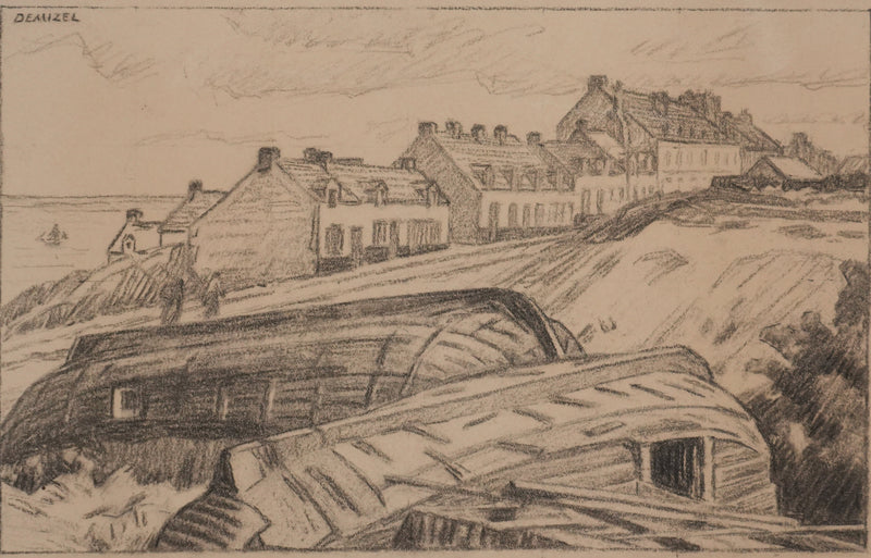 Augustin Louis J. DEMIZEL : Village de pêcheurs à Boulogne sur Mer, Dessin original signé