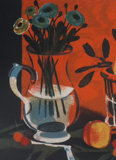 Yves GANNE : Le panier de pêches, Lithographie originale signée