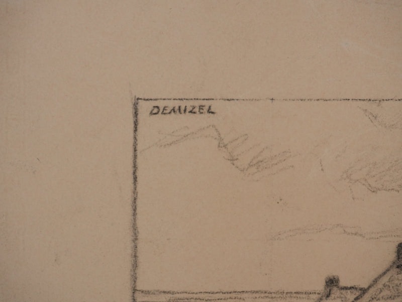Augustin Louis J. DEMIZEL : Village de pêcheurs à Boulogne sur Mer, Dessin original signé