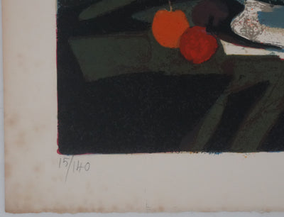Yves GANNE : Le panier de pêches, Lithographie originale signée