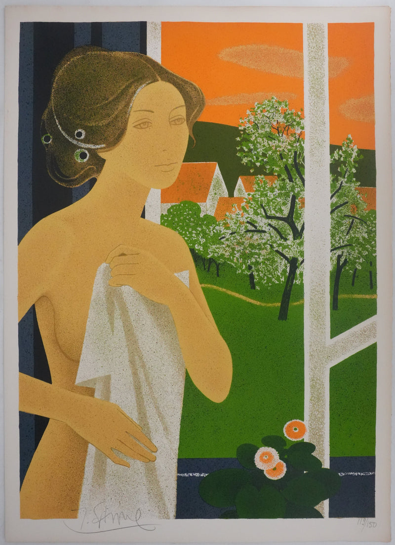 Yves GANNE : Femme nue à la campagne, Lithographie originale signée