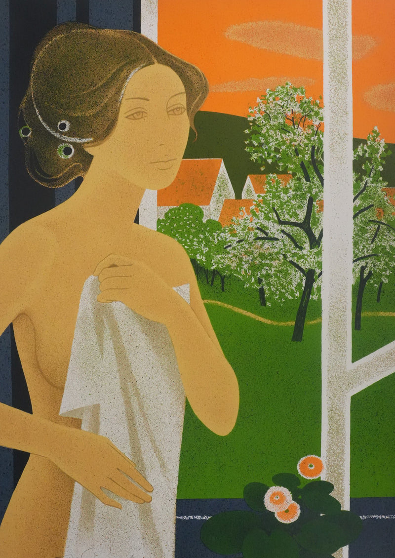 Yves GANNE : Femme nue à la campagne, Lithographie originale signée