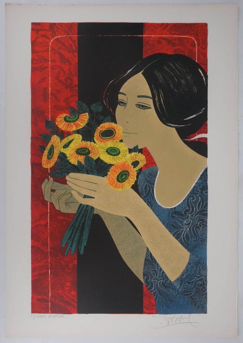 Yves GANNE : Femme au bouquet jaune, Lithographie originale signée