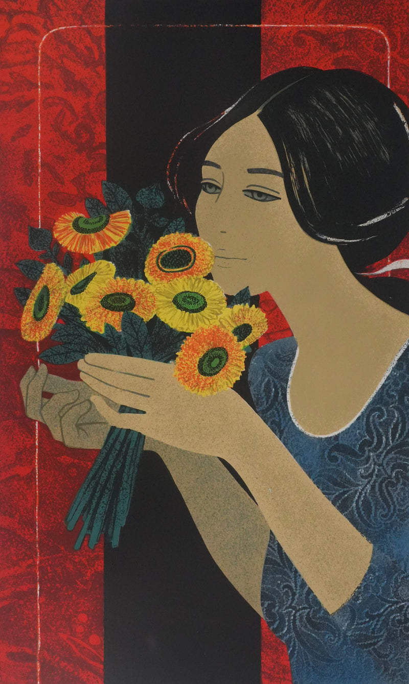Yves GANNE : Femme au bouquet jaune, Lithographie originale signée