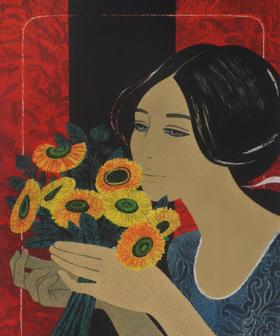 Yves GANNE : Femme au bouquet jaune, Lithographie originale signée