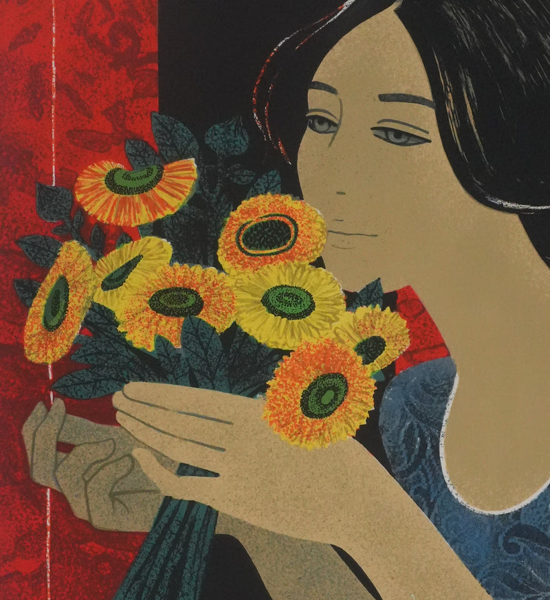 Yves GANNE : Femme au bouquet jaune, Lithographie originale signée