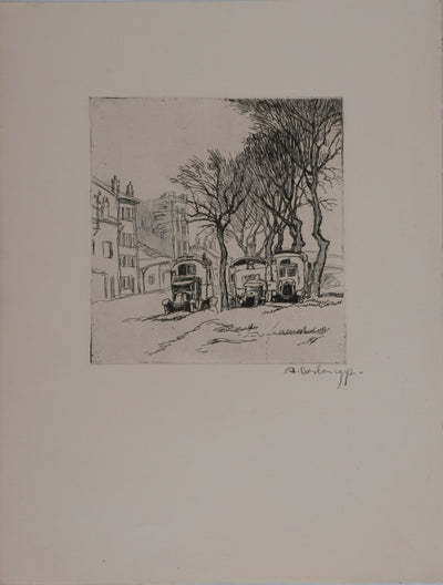 Adolphe CIESLARCZYK : Sous les platanes, Gravure originale signée