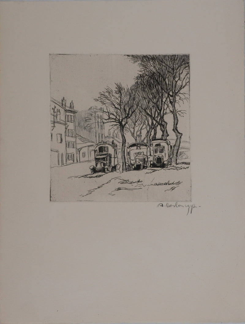 Adolphe CIESLARCZYK : Sous les platanes, Gravure originale signée