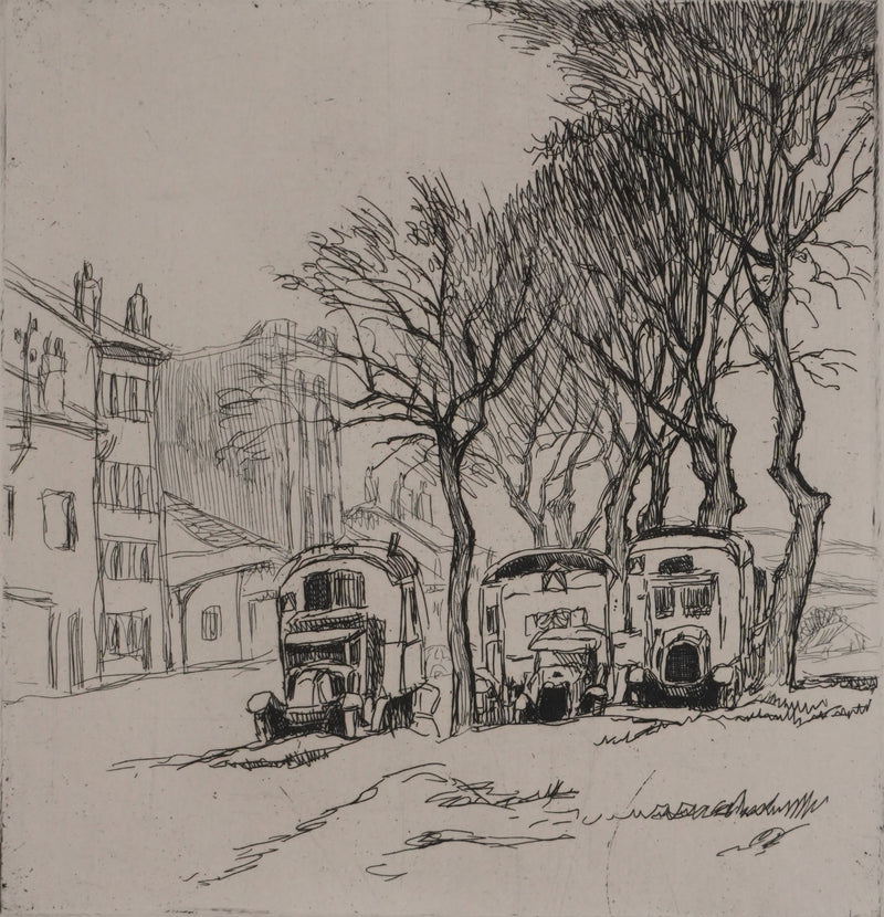 Adolphe CIESLARCZYK : Sous les platanes, Gravure originale signée