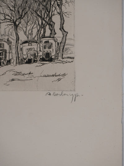 Adolphe CIESLARCZYK : Sous les platanes, Gravure originale signée