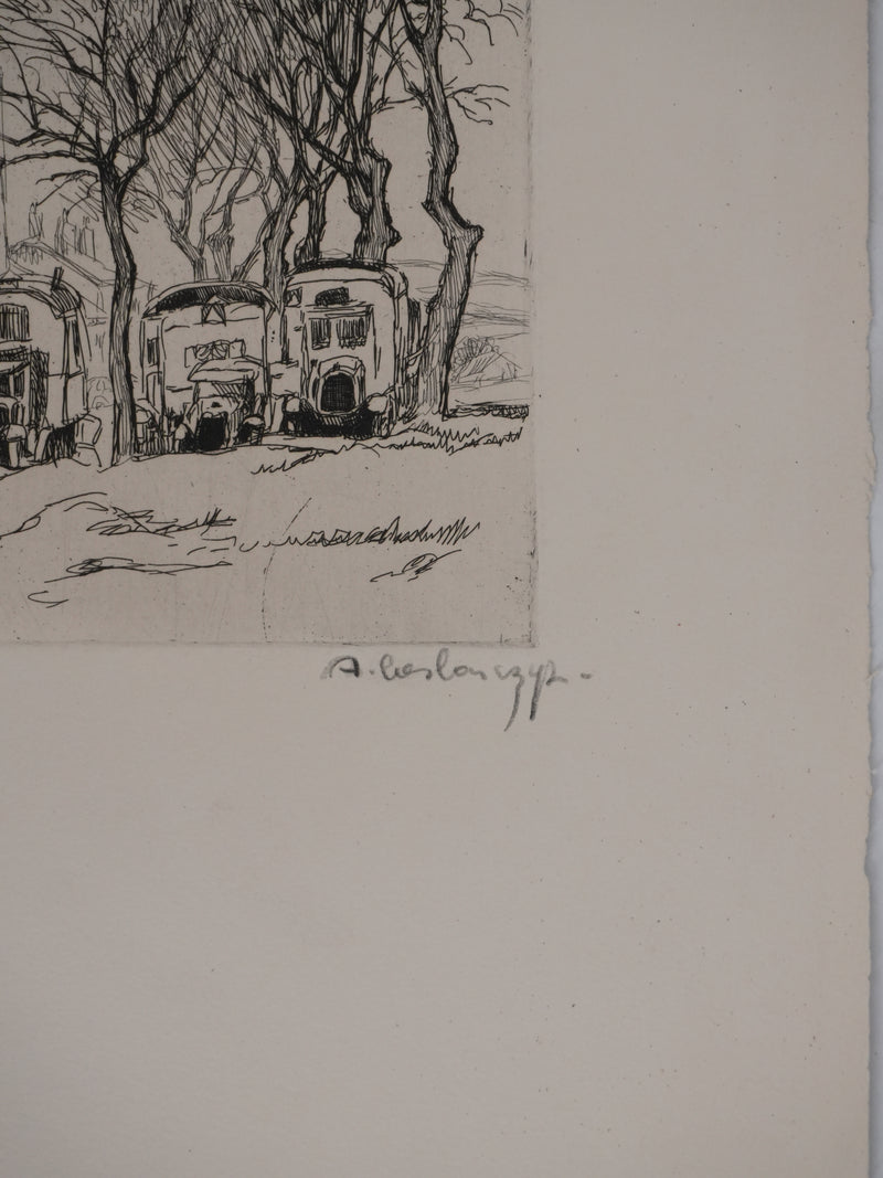 Adolphe CIESLARCZYK : Sous les platanes, Gravure originale signée
