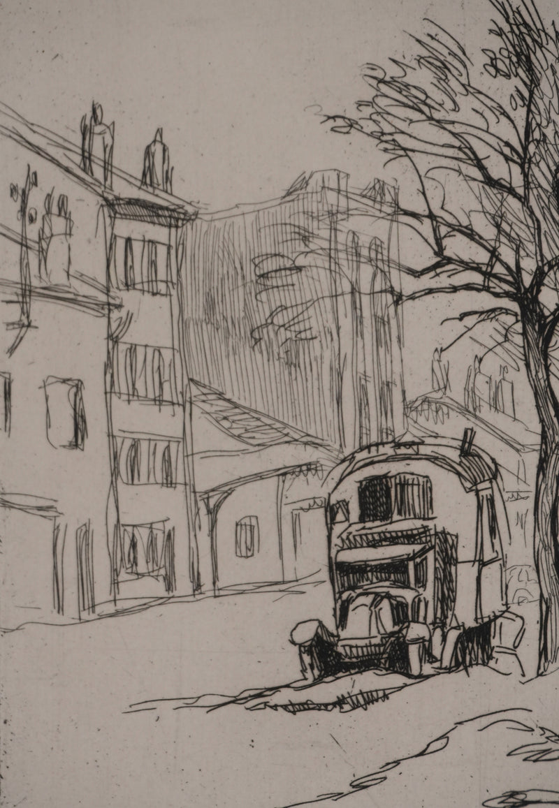 Adolphe CIESLARCZYK : Sous les platanes, Gravure originale signée