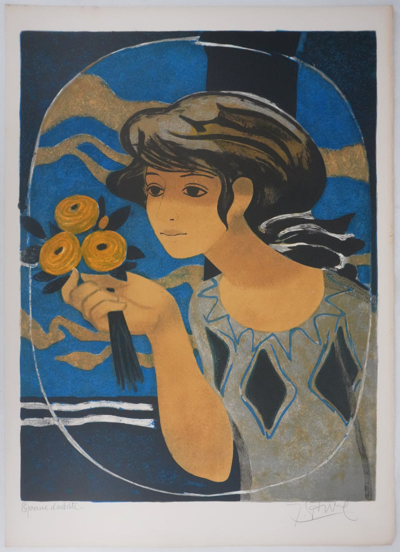 Yves GANNE : Femme au bouquet sur fond bleu, Lithographie originale signée