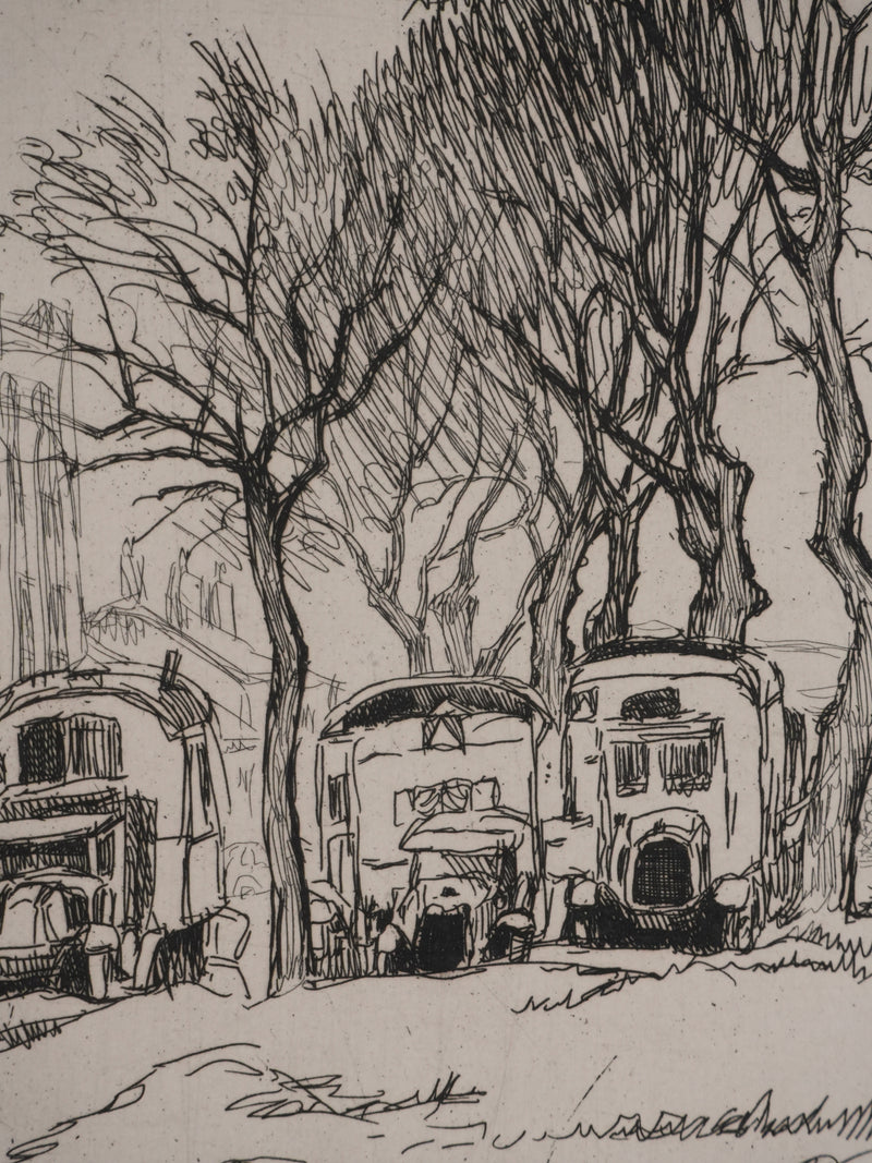 Adolphe CIESLARCZYK : Sous les platanes, Gravure originale signée
