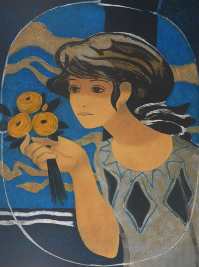 Yves GANNE : Femme au bouquet sur fond bleu, Lithographie originale signée