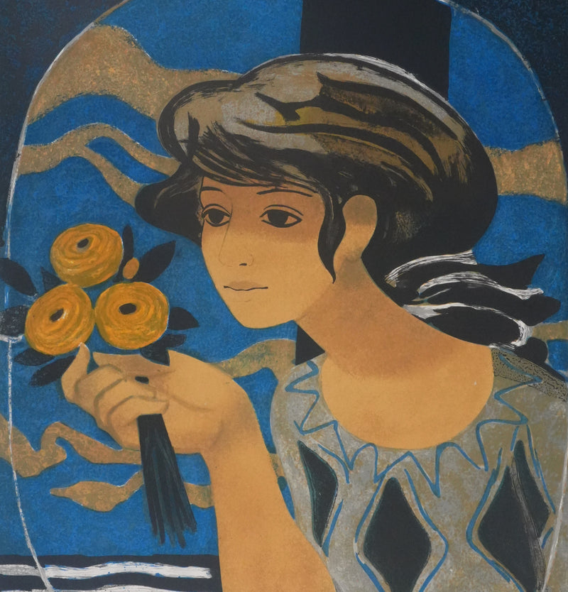 Yves GANNE : Femme au bouquet sur fond bleu, Lithographie originale signée