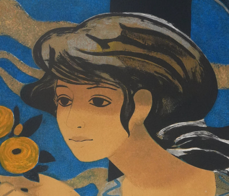 Yves GANNE : Femme au bouquet sur fond bleu, Lithographie originale signée