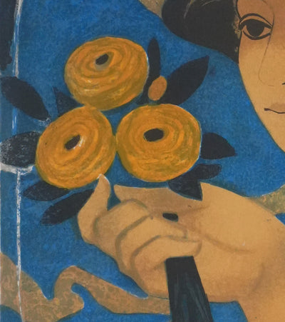 Yves GANNE : Femme au bouquet sur fond bleu, Lithographie originale signée