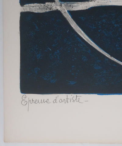 Yves GANNE : Femme au bouquet sur fond bleu, Lithographie originale signée
