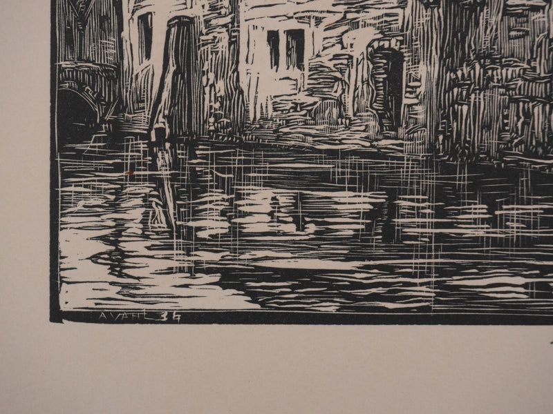 André VAHL : Maisonnette au bord de la rivière, Gravure originale signée