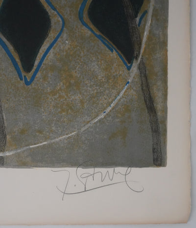 Yves GANNE : Femme au bouquet sur fond bleu, Lithographie originale signée