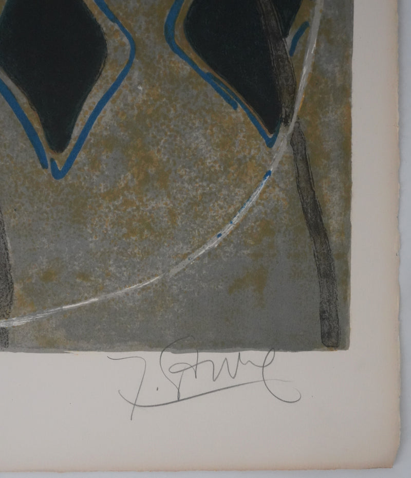 Yves GANNE : Femme au bouquet sur fond bleu, Lithographie originale signée