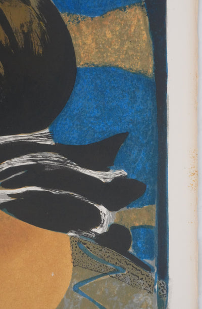 Yves GANNE : Femme au bouquet sur fond bleu, Lithographie originale signée