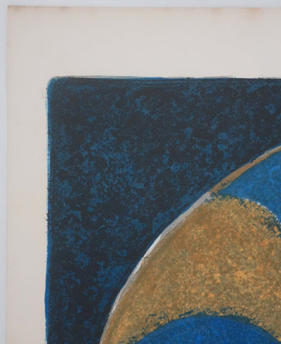 Yves GANNE : Femme au bouquet sur fond bleu, Lithographie originale signée