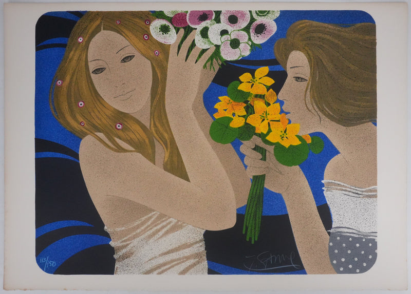 Yves GANNE : Les deux femmes aux bouquets, Lithographie originale signée